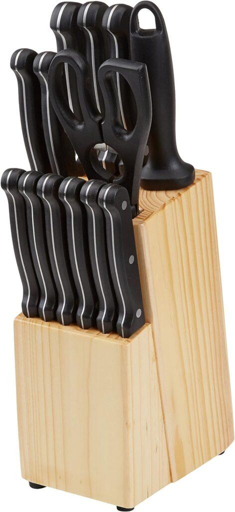 Amazon Basics 14-Piece Kitchen Knife Set with High-Carbon Stainless-Steel Blades and Pine Wood Block, Black Amazon Basics 14-Piece Kitchen Knife Set with High-Carbon Stainless-Steel Blades and Pine Wood Block, Black