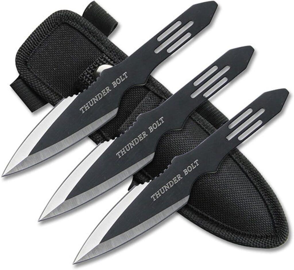 BladesUSA Perfect Point Throwing Knives – Set of 3 – Black/Satin Finish Blades w/ Thunder Bolt Etching, Black Stainless Steel Handles, Nylon Sheath, Full Tang, Well Balanced, Sport Knives – RC-595-3 BladesUSA Perfect Point Throwing Knives – Set of 3 – Black/Satin Finish Blades w/ Thunder Bolt Etching, Black Stainless Steel Handles, Nylon Sheath, Full Tang, Well Balanced, Sport Knives – RC-595-3