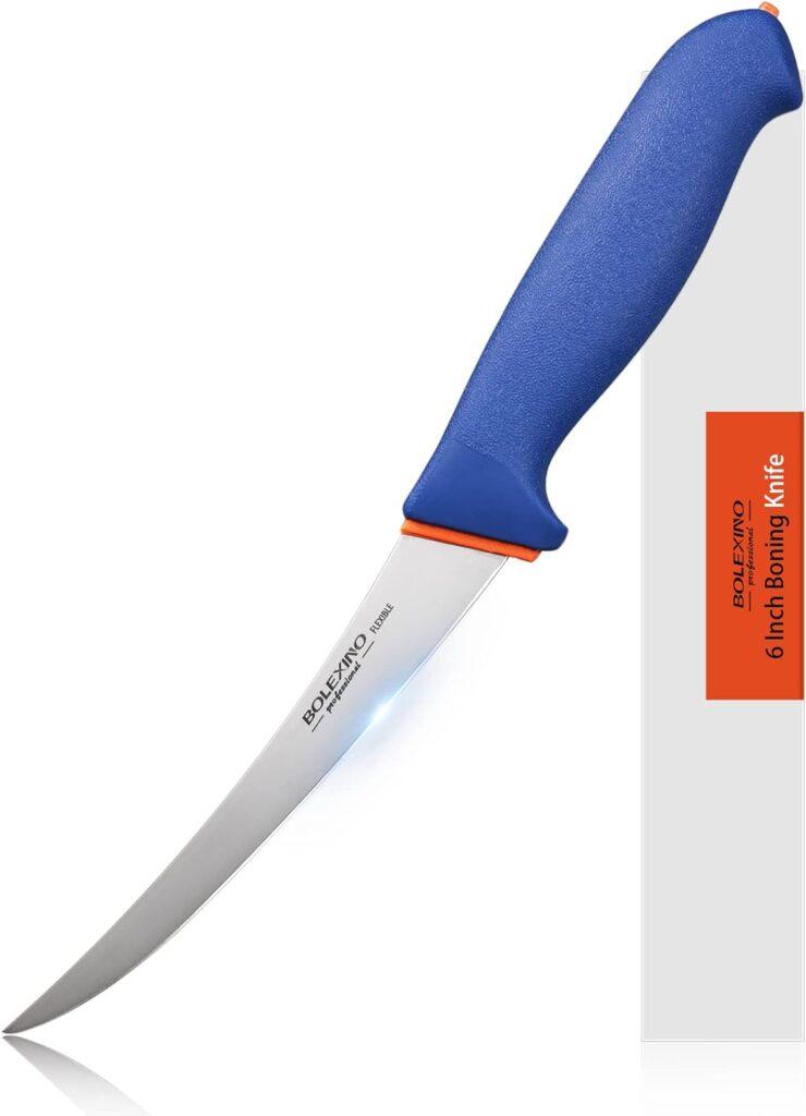 BOLEXINO 6 Inch Boning Knife, Flexible Curved Blade Processing Knife, Super Sharp Fillet Knife, German Stainless Steel Chef Knife W/Non-slip Softgrip for Kitchen Home Restaurant (Blue)