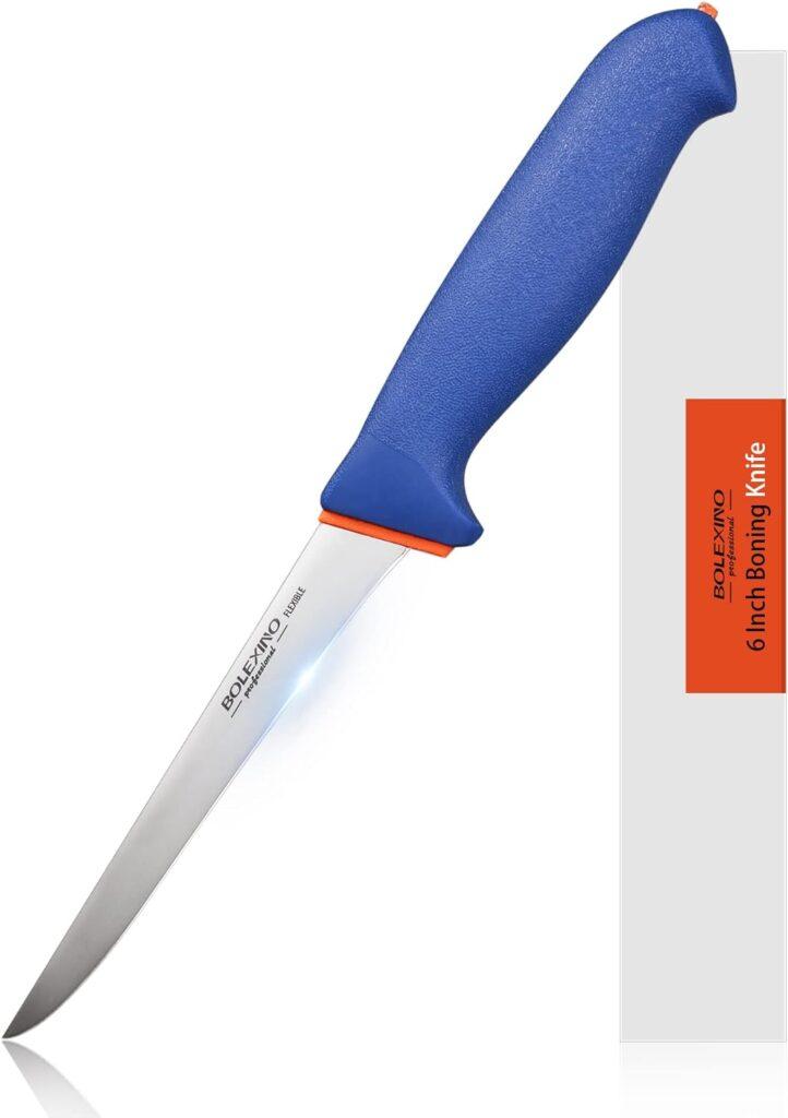 BOLEXINO 6 Inch Boning Knife, Flexible Curved Blade Processing Knife, Super Sharp Fillet Knife, German Stainless Steel Chef Knife W/Non-slip Softgrip for Kitchen Home Restaurant (Blue)