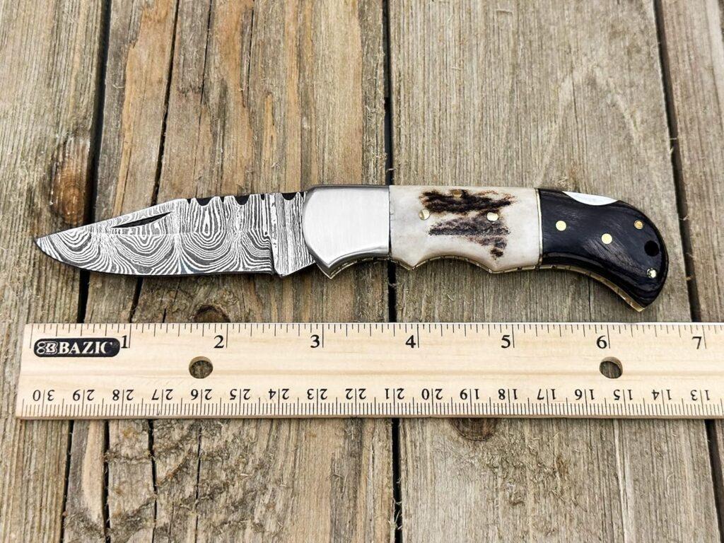 Custom Damascus Steel Pocket Folding Knife with Stag Antler Handle, Handmade Gift for Husband Dad Boyfriend, Groomsmen Gifts, Best Man Gifts for Wedding, Unique 6.5 Knives for Outdoor Camping (Antler)