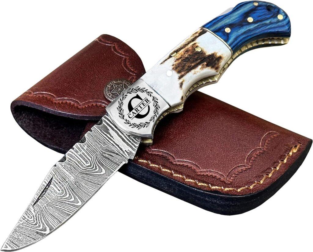Custom Damascus Steel Pocket Folding Knife with Stag Antler Handle, Handmade Gift for Husband Dad Boyfriend, Groomsmen Gifts, Best Man Gifts for Wedding, Unique 6.5 Knives for Outdoor Camping (Antler)