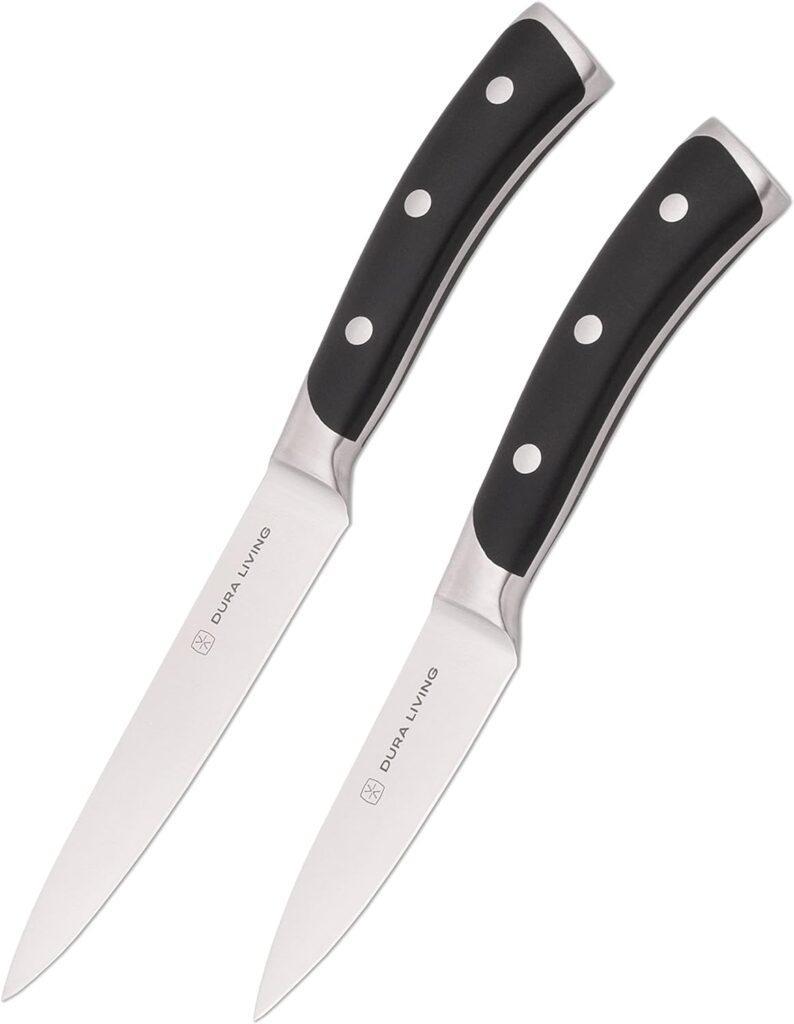 DURA LIVING 2-Piece Kitchen Knife Set - Ultra Sharp Forged High Carbon German Stainless Steel With Ergonomic Handle, 5 Inch Utility, 3.5 Inch Paring Multipurpose Cooking Knives, Black