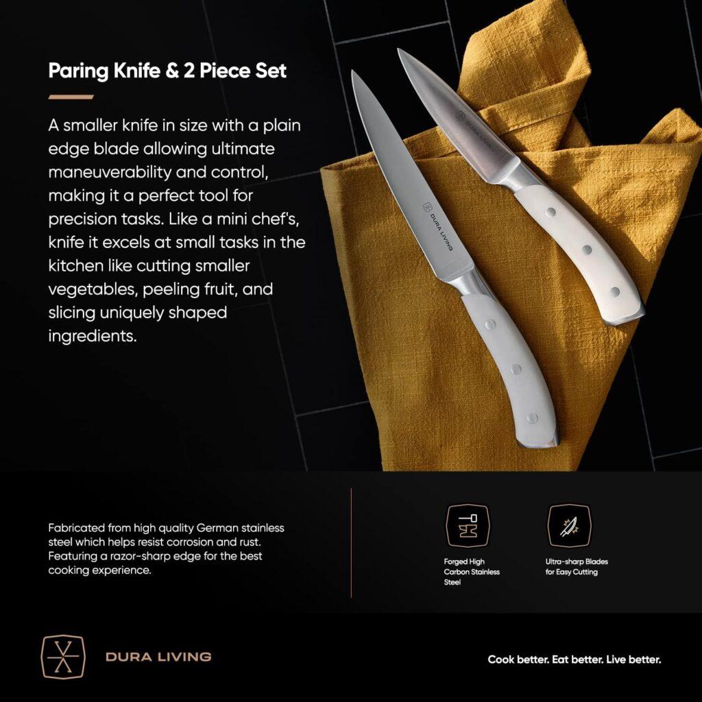 DURA LIVING 2-Piece Kitchen Knife Set - Ultra Sharp Forged High Carbon German Stainless Steel With Ergonomic Handle, 5 Inch Utility, 3.5 Inch Paring Multipurpose Cooking Knives, Black