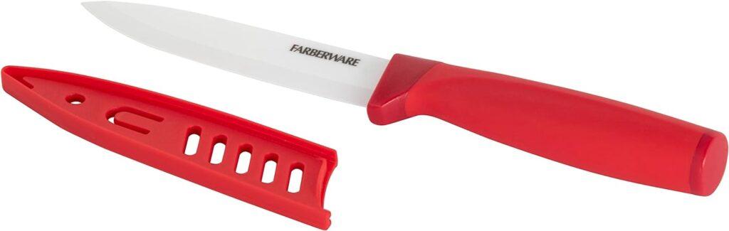 Farberware Ceramic 5-inch Utility Knife with Custom-Fit Blade Cover, Razor-Sharp Kitchen Knife with Ergonomic, Soft-Grip Handle, Dishwasher-Safe, 5-inch, Red