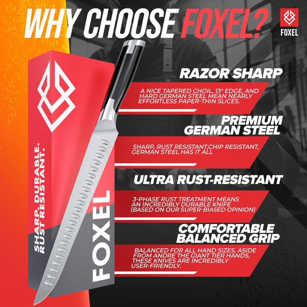 FOXEL 10 Inch Turkey Carving Slicer Knife - German High Carbon Stainless Steel - Perfect for Slicing Meat, Brisket, BBQ  Prime Rib - with Hollow Edge Divots, Shock-Resistant Handle
