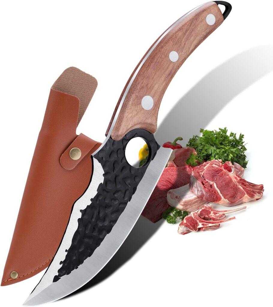 Hand Forged Chef Knife,6 Inch Viking Knife Butcher Boning Knife With Leather Sheath,Handmade Japanese Steel Kitchen Chef Knife,Meat Vegetable Cutting Knife ,Caveman Knife for CampingOutdoor (brown)