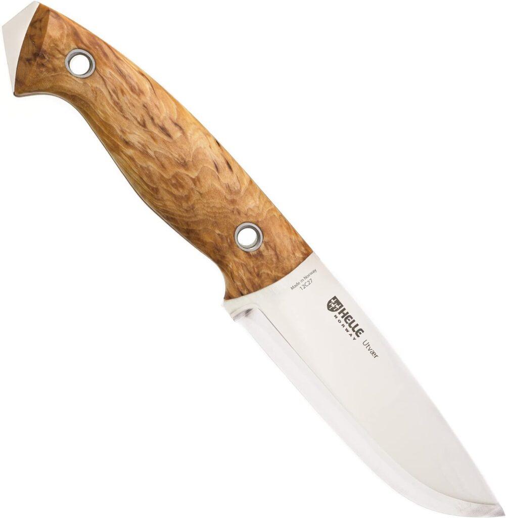 HELLE Knives - Utvaer - Bushcraft, Hunting Camping, Outdoor Knife - Full Tang, Fixed Blade with Curly Birch Wood Handle, Scandi Grind - Leather Sheath - Sandvik 12C27 Stainless Steel