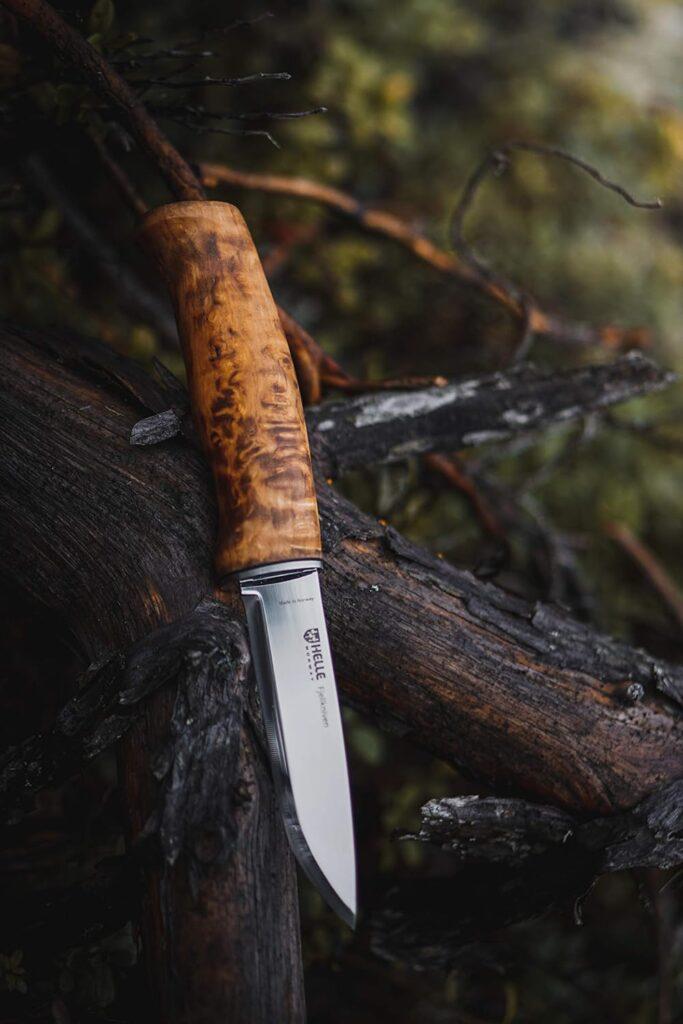 HELLE Knives - Utvaer - Bushcraft, Hunting Camping, Outdoor Knife - Full Tang, Fixed Blade with Curly Birch Wood Handle, Scandi Grind - Leather Sheath - Sandvik 12C27 Stainless Steel
