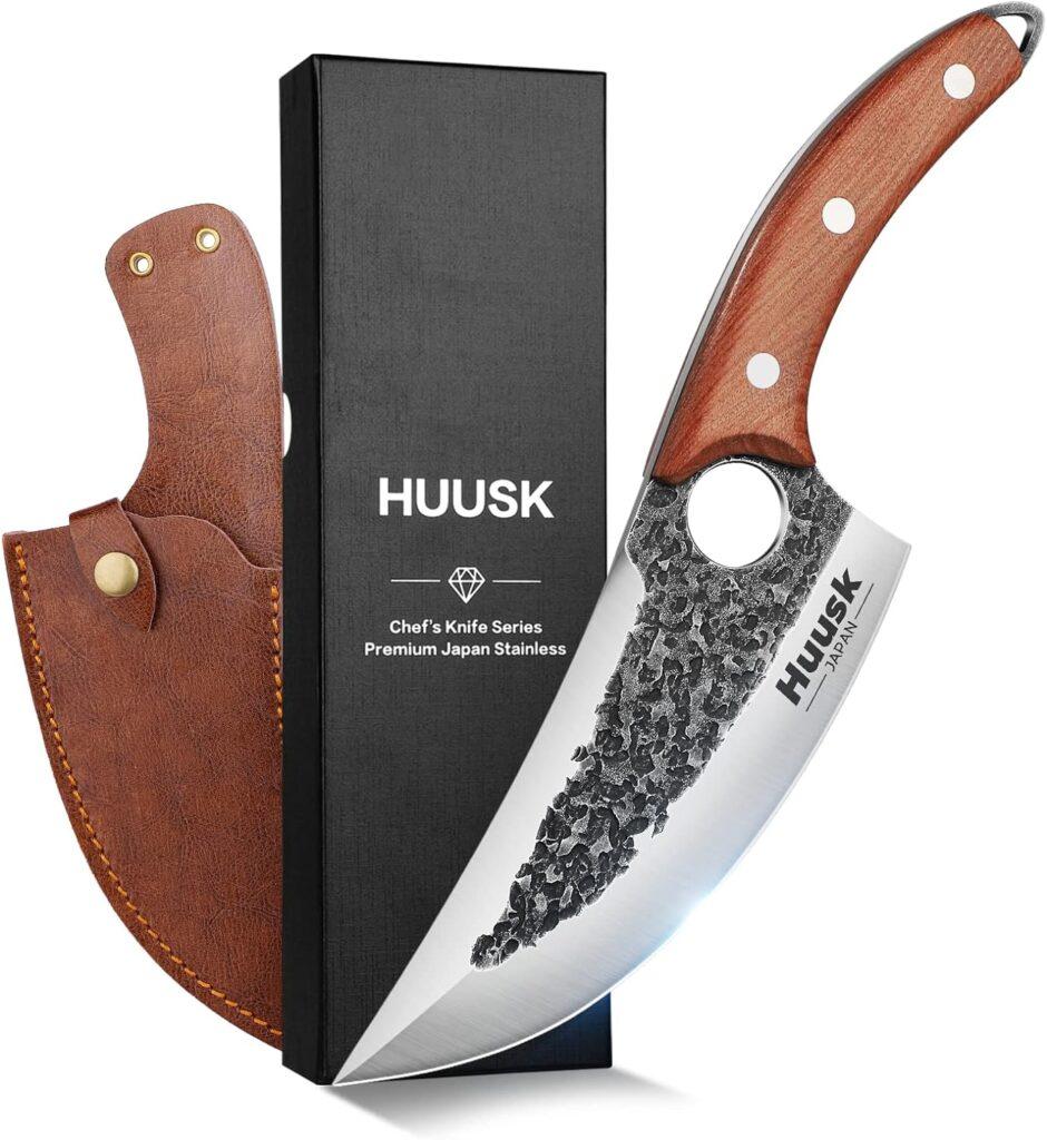 Huusk Knife Japan Kitchen Upgraded Viking Knives with Sheath Hand Forged Butcher for Meat Cutting Japanese Cooking Sharp Cleaver Chef and Outdoor Camping, BBQ