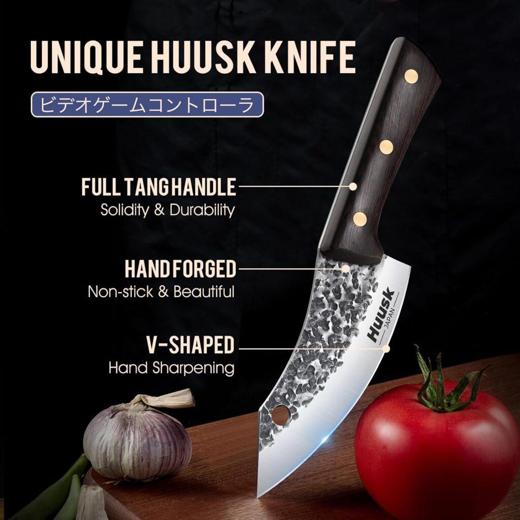Huusk Knife Japan Kitchen Upgraded Viking Knives with Sheath Hand Forged Butcher for Meat Cutting Japanese Cooking Sharp Cleaver Chef and Outdoor Camping, BBQ