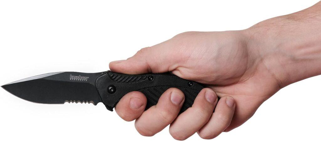 Kershaw Clash Black Serrated Pocketknife, 3 8Cr13MoV Steel Drop Point Blade, Assisted One-Handed Flipper Opening, Folding Utility EDC