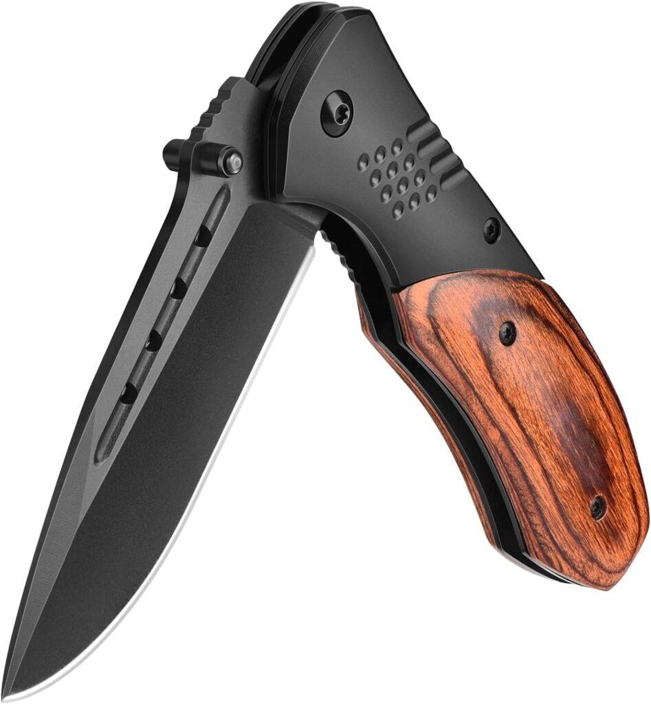 KEXMO Pocket Knife for Men - 3.46 Sharp Blade Wood Handle Pocket Folding Knives with Clip, Glass Breaker - EDC Knives for Survival Camping Fishing Hiking Hunting Gift Women, Black