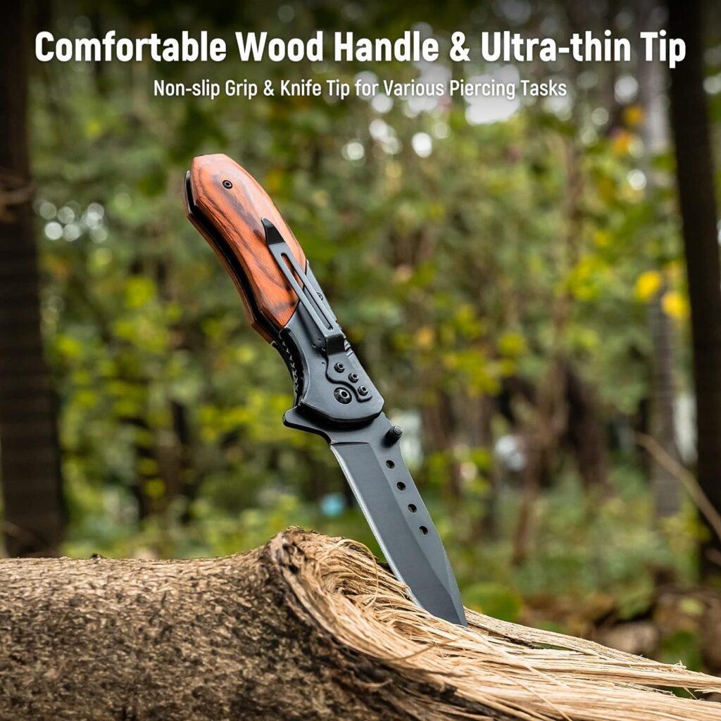 KEXMO Pocket Knife for Men - 3.46 Sharp Blade Wood Handle Pocket Folding Knives with Clip, Glass Breaker - EDC Knives for Survival Camping Fishing Hiking Hunting Gift Women, Black