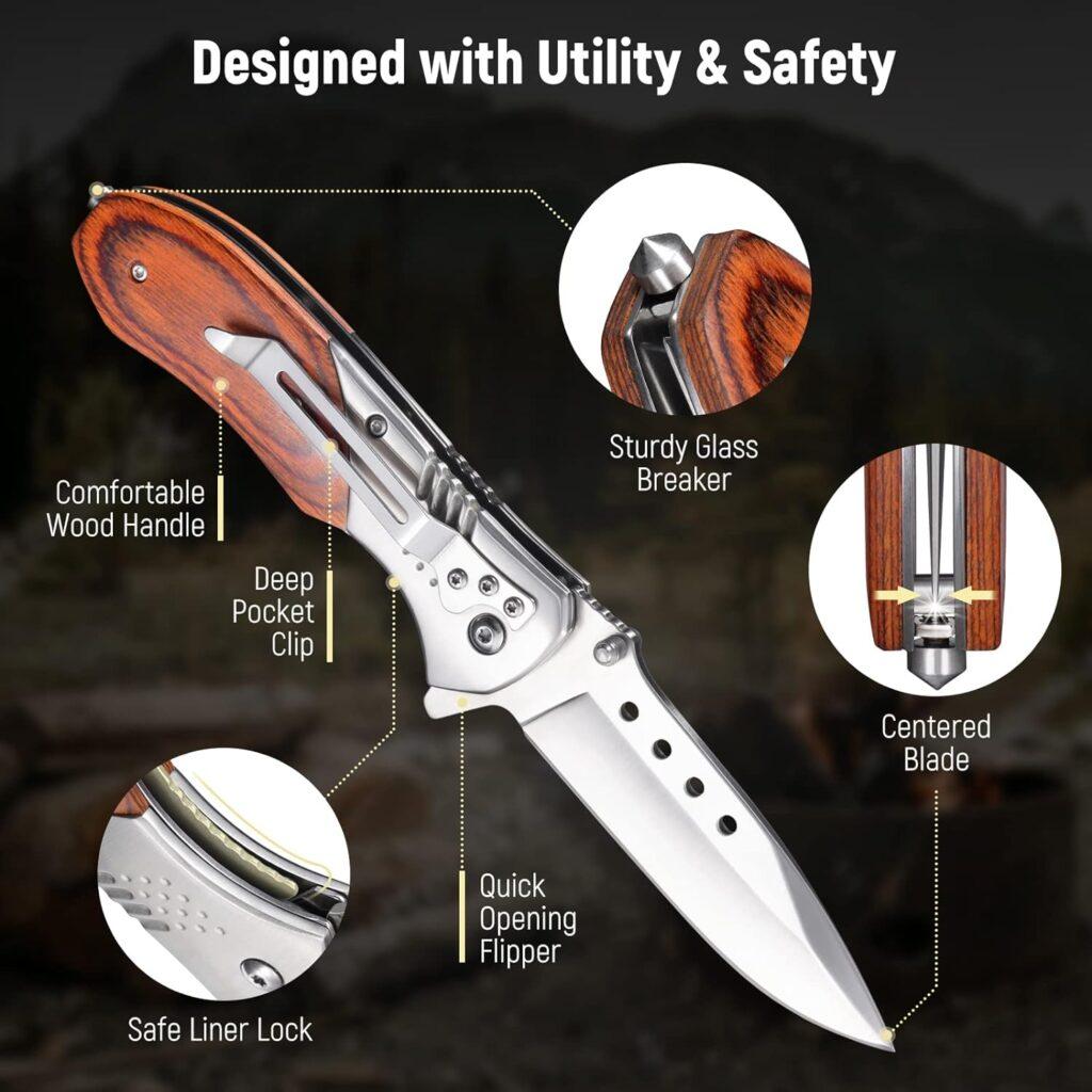 KEXMO Pocket Knife for Men - 3.46 Sharp Blade Wood Handle Pocket Folding Knives with Clip, Glass Breaker - EDC Knives for Survival Camping Fishing Hiking Hunting Gift Women, Black