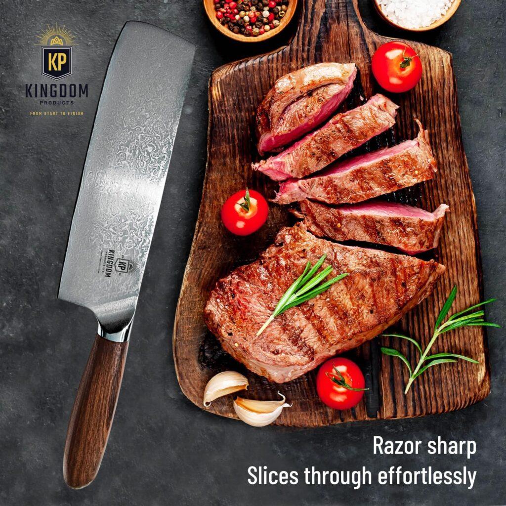 Kingdom Products Nakiri Knife - 7 Razor Sharp Vegetable Knife for Dicing, Slicing, Mincing - Multipurpose Professional Asian Nakiri Chef Knife, Carbon Damascus Steel with Gold Sandalwood Handle
