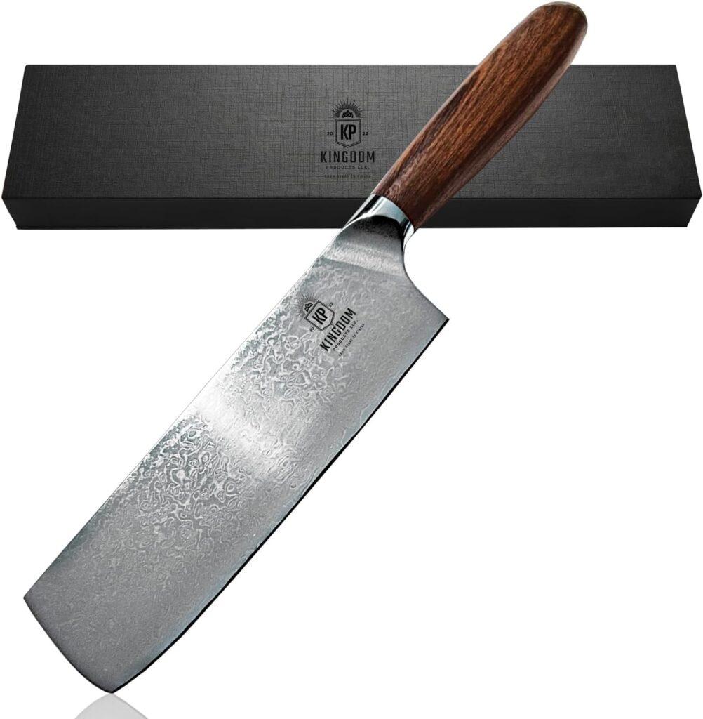 Kingdom Products Nakiri Knife - 7 Razor Sharp Vegetable Knife for Dicing, Slicing, Mincing - Multipurpose Professional Asian Nakiri Chef Knife, Carbon Damascus Steel with Gold Sandalwood Handle