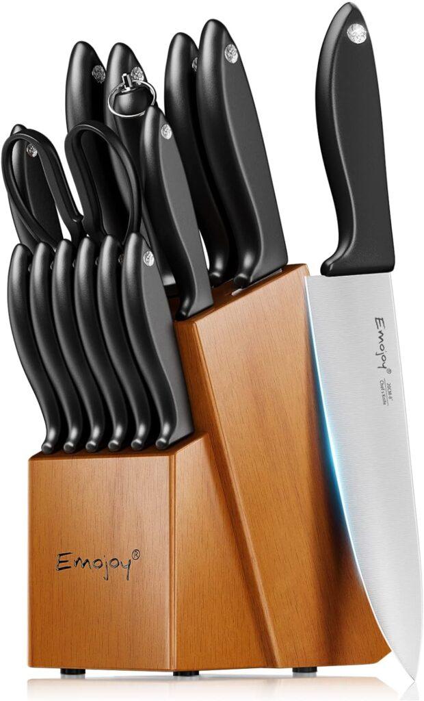 Knife Set 15-Piece Kitchen Knife Set with Sharpener Wooden Block and Serrated Steak Knives,Emojoy Germany High Carbon Stainless Steel Knife Block Set,Black Knife Set 15-Piece Kitchen Knife Set with Sharpener Wooden Block and Serrated Steak Knives,Emojoy Germany High Carbon Stainless Steel Knife Block Set,Black
