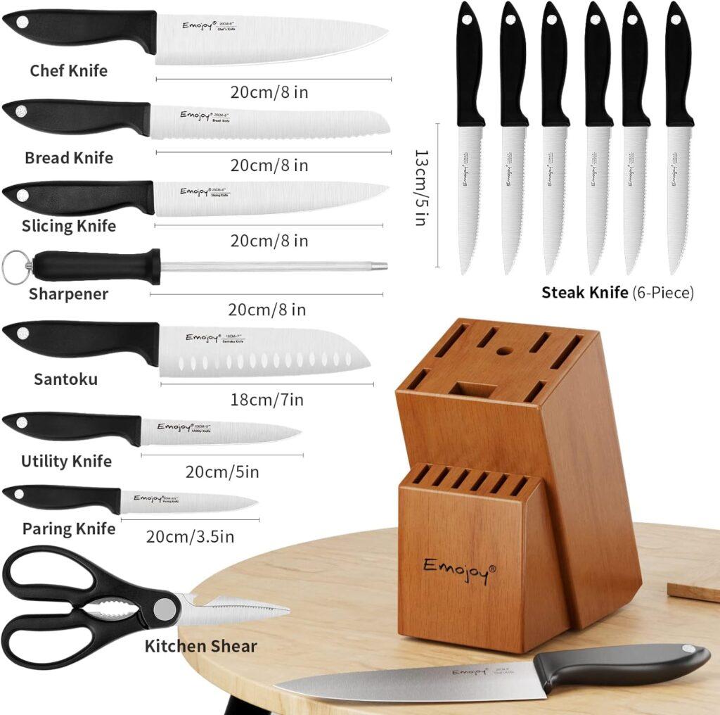 Knife Set 15-Piece Kitchen Knife Set with Sharpener Wooden Block and Serrated Steak Knives,Emojoy Germany High Carbon Stainless Steel Knife Block Set,Black Knife Set 15-Piece Kitchen Knife Set with Sharpener Wooden Block and Serrated Steak Knives,Emojoy Germany High Carbon Stainless Steel Knife Block Set,Black