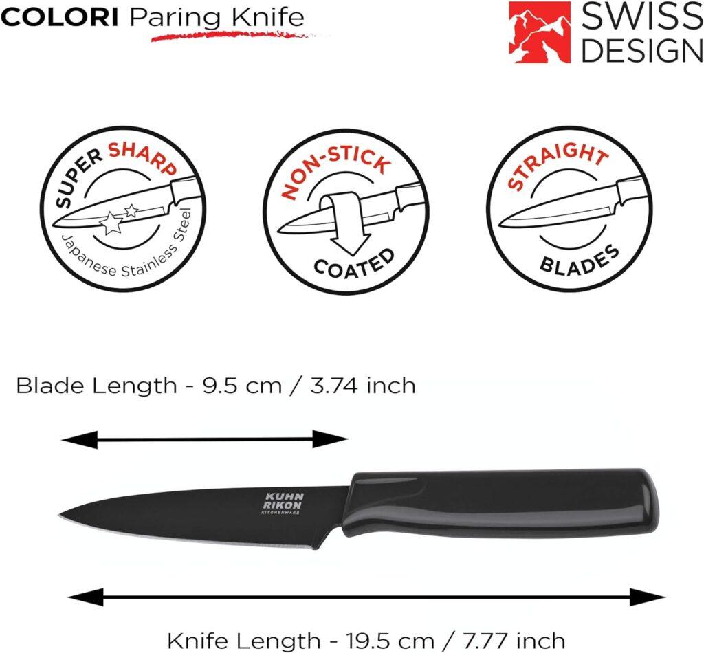 Kuhn Rikon Straight Paring Knife with Safety Sheath, 4 inch/10.16 cm Blade, Black