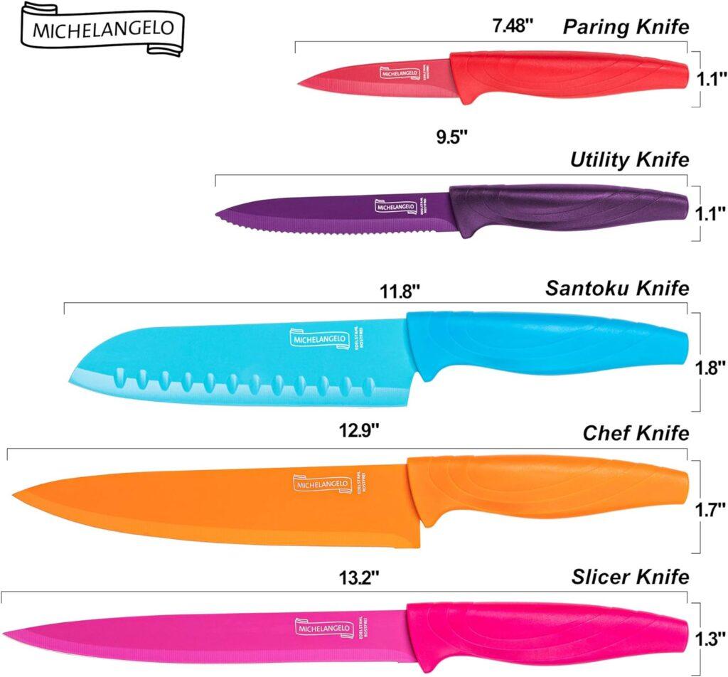 MICHELANGELO Kitchen Knife Set 10 Piece, Rainbow Knife Set for Kitchen 5 Knives and 5 Knife Covers, High Carbon Stainless Steel Kitchen Knives Set MICHELANGELO Kitchen Knife Set 10 Piece, Rainbow Knife Set for Kitchen 5 Knives and 5 Knife Covers, High Carbon Stainless Steel Kitchen Knives Set