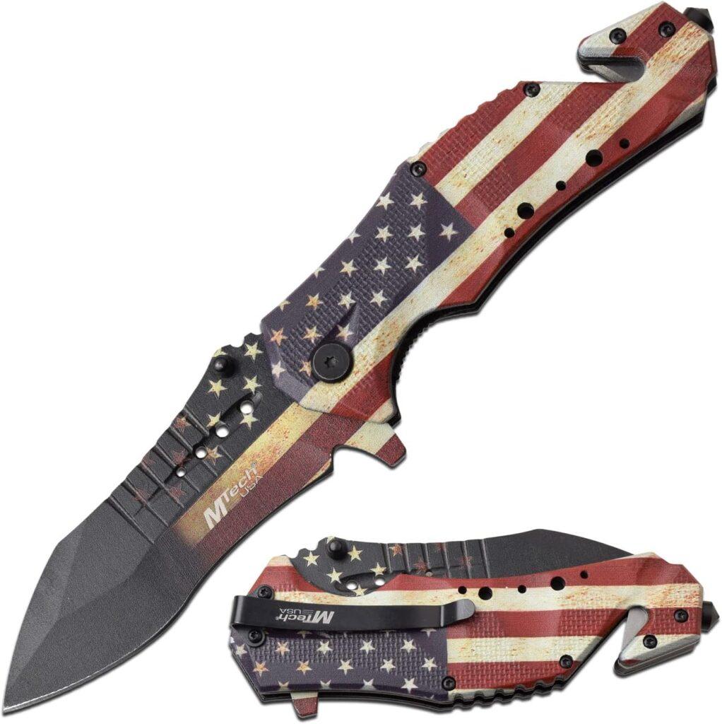 MTech USA – Spring Assisted Folding Knife – Stainless Steel Blade, Aluminum Handle w/ Embossed Flag, Rope Cutter, Glass Punch, Pocket Clip - Hunting, Camping, Survival, Tactical, EDC – MT-A845F MTech USA – Spring Assisted Folding Knife – Stainless Steel Blade, Aluminum Handle w/ Embossed Flag, Rope Cutter, Glass Punch, Pocket Clip - Hunting, Camping, Survival, Tactical, EDC – MT-A845F