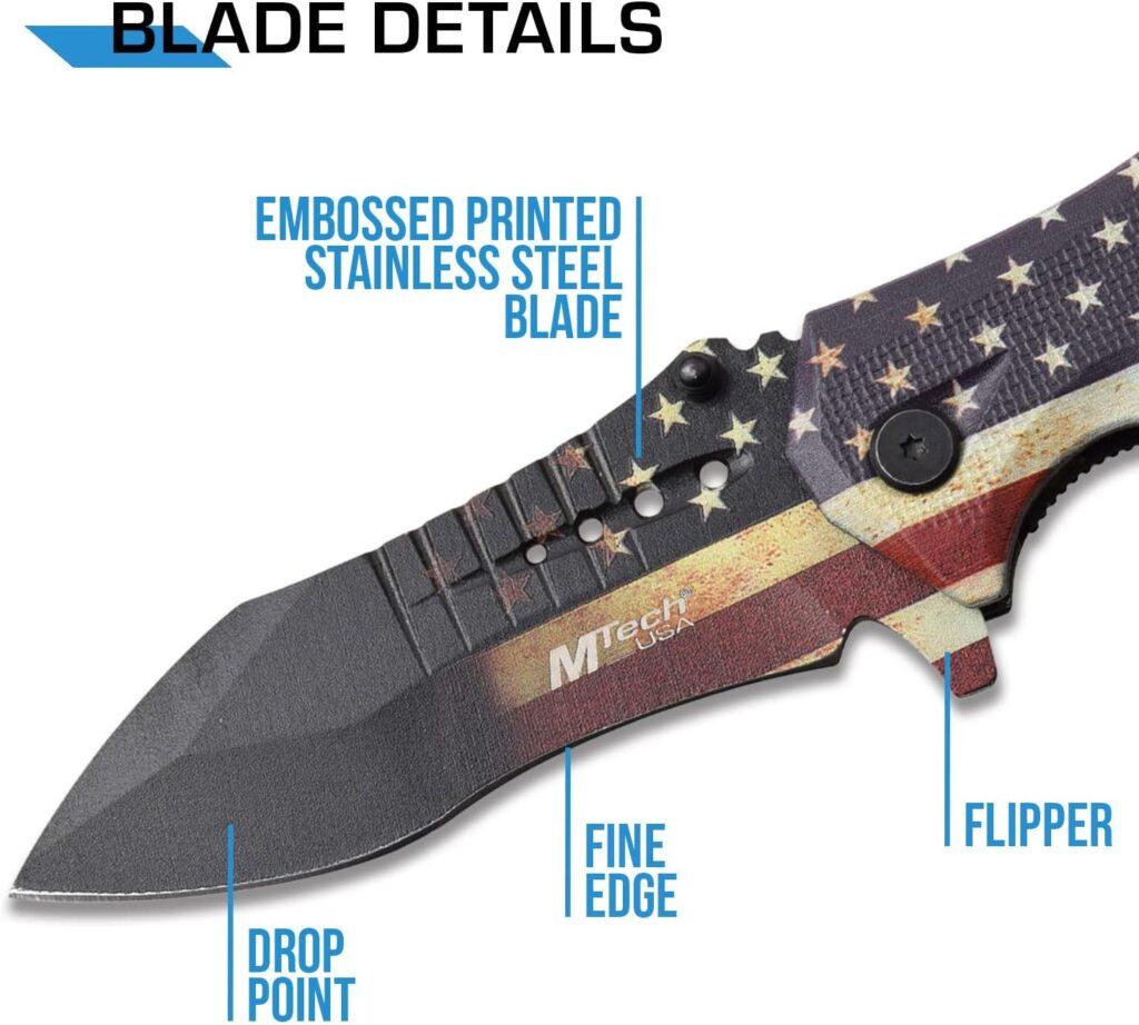 MTech USA – Spring Assisted Folding Knife – Stainless Steel Blade, Aluminum Handle w/ Embossed Flag, Rope Cutter, Glass Punch, Pocket Clip - Hunting, Camping, Survival, Tactical, EDC – MT-A845F MTech USA – Spring Assisted Folding Knife – Stainless Steel Blade, Aluminum Handle w/ Embossed Flag, Rope Cutter, Glass Punch, Pocket Clip - Hunting, Camping, Survival, Tactical, EDC – MT-A845F