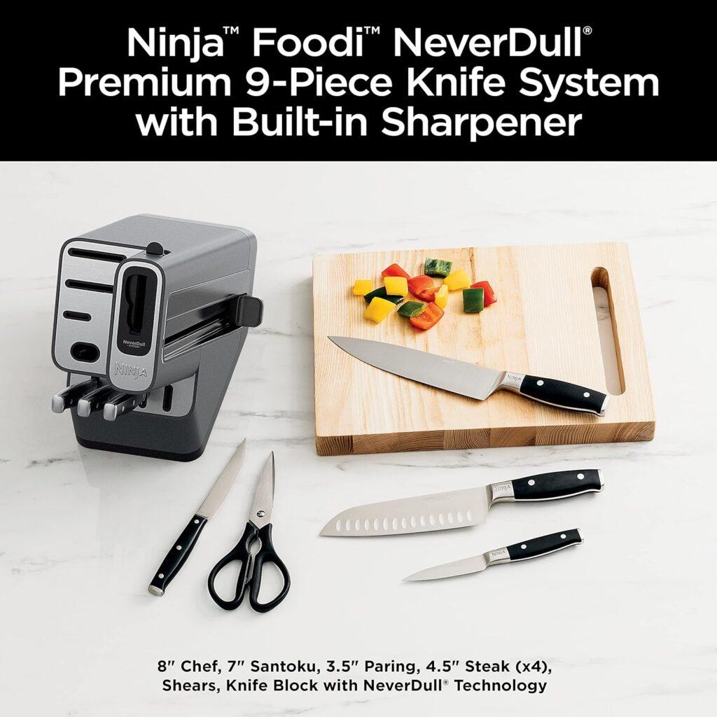 Ninja K52015 Foodi NeverDull 15 Piece Premium Knife System, Wood Series Block, German Stainless Steel, with Built-in Sharpener, Stainless Steel/Walnut