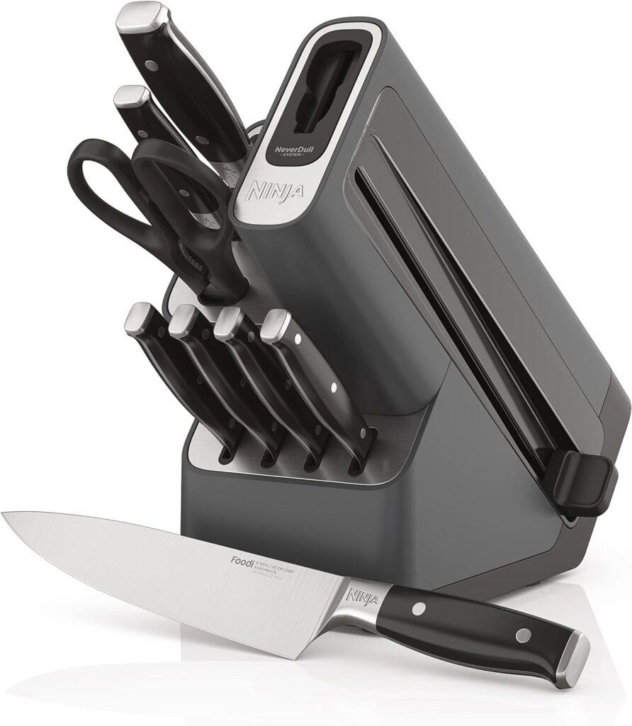 Ninja K52015 Foodi NeverDull 15 Piece Premium Knife System, Wood Series Block, German Stainless Steel, with Built-in Sharpener, Stainless Steel/Walnut