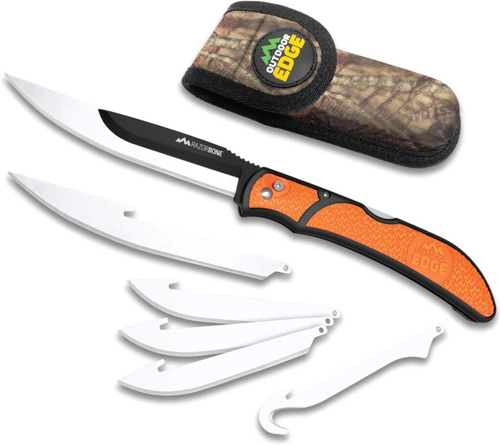 OUTDOOR EDGE RazorBone Replaceable Blade Folding Hunting Knife with Clip  Sheath. 3 Butcher Knife Blade Styles - Boning, Gutting,  Skinning Knives. Blaze Orange, Camo Sheath, 6 Blades  Blade Box