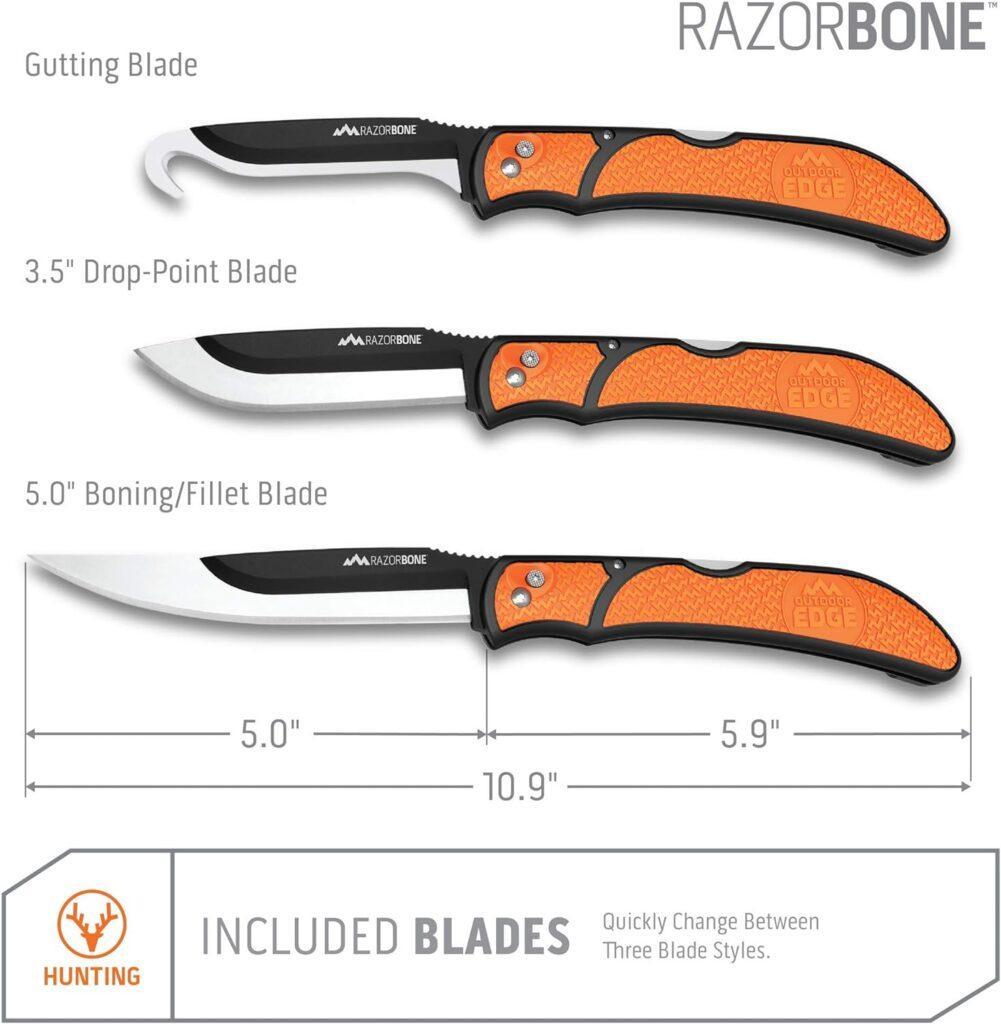 OUTDOOR EDGE RazorBone Replaceable Blade Folding Hunting Knife with Clip  Sheath. 3 Butcher Knife Blade Styles - Boning, Gutting,  Skinning Knives. Blaze Orange, Camo Sheath, 6 Blades  Blade Box
