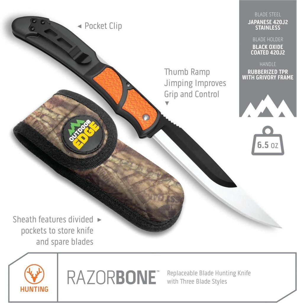 OUTDOOR EDGE RazorBone Replaceable Blade Folding Hunting Knife with Clip  Sheath. 3 Butcher Knife Blade Styles - Boning, Gutting,  Skinning Knives. Blaze Orange, Camo Sheath, 6 Blades  Blade Box