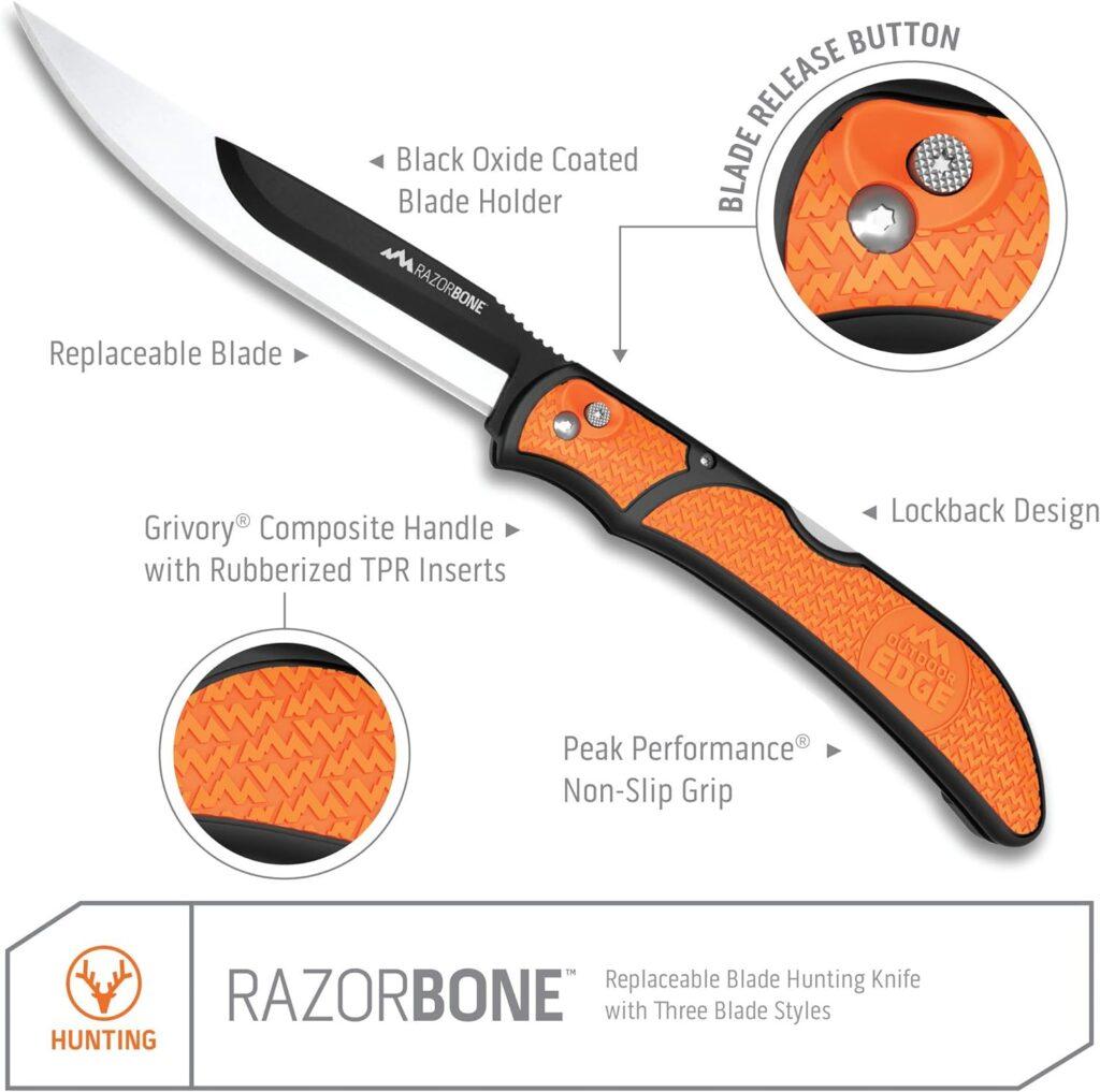 OUTDOOR EDGE RazorBone Replaceable Blade Folding Hunting Knife with Clip  Sheath. 3 Butcher Knife Blade Styles - Boning, Gutting,  Skinning Knives. Blaze Orange, Camo Sheath, 6 Blades  Blade Box