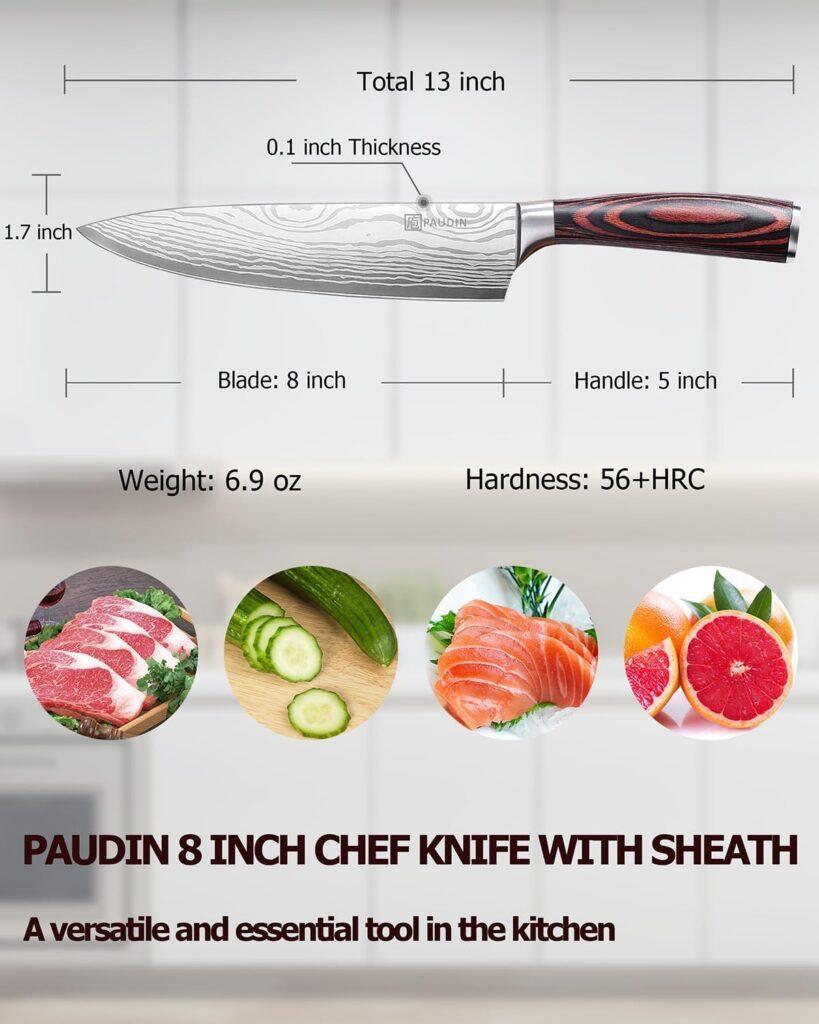 PAUDIN Chef Knife with Sheath- Pro Kitchen Knife 8 Inch Chefs Knives with High Carbon Stainless Steel, Sharp Knife with Ergonomic Handle for Home Kitchen Restaurant PAUDIN Chef Knife with Sheath- Pro Kitchen Knife 8 Inch Chefs Knives with High Carbon Stainless Steel, Sharp Knife with Ergonomic Handle for Home Kitchen Restaurant