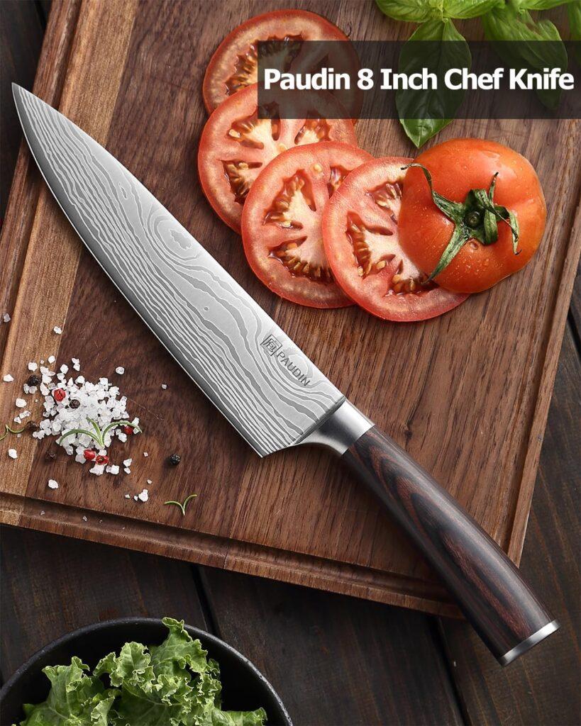 PAUDIN Chef Knife with Sheath- Pro Kitchen Knife 8 Inch Chefs Knives with High Carbon Stainless Steel, Sharp Knife with Ergonomic Handle for Home Kitchen Restaurant PAUDIN Chef Knife with Sheath- Pro Kitchen Knife 8 Inch Chefs Knives with High Carbon Stainless Steel, Sharp Knife with Ergonomic Handle for Home Kitchen Restaurant