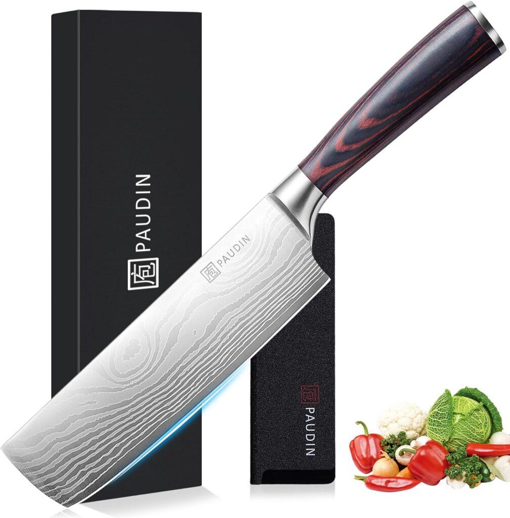 PAUDIN Nakiri Knife - 7 Razor Sharp Meat Cleaver and Vegetable Kitchen Knife, High Carbon Stainless Steel, Multipurpose Asian Chef Knife for Home and Kitchen with Ergonomic Handle