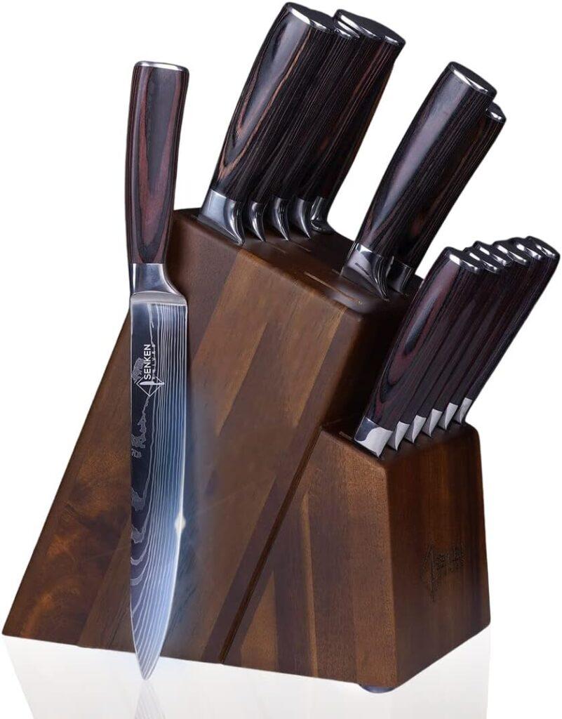 SENKEN 16-Piece Natural Acacia Wood Kitchen Knife Block Set - Japanese Chefs Knife Set with Laser Damascus Pattern, Includes Steak Knives  Kitchen Shears, Santoku, Cleaver  More (Wooden Handles)
