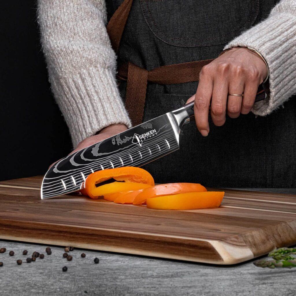 SENKEN 16-Piece Natural Acacia Wood Kitchen Knife Block Set - Japanese Chefs Knife Set with Laser Damascus Pattern, Includes Steak Knives  Kitchen Shears, Santoku, Cleaver  More (Wooden Handles)