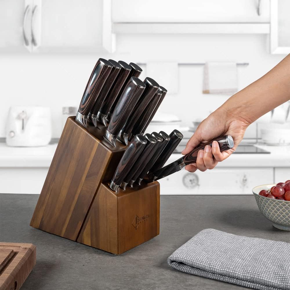SENKEN 16-Piece Natural Acacia Wood Kitchen Knife Block Set - Japanese Chefs Knife Set with Laser Damascus Pattern, Includes Steak Knives  Kitchen Shears, Santoku, Cleaver  More (Wooden Handles)