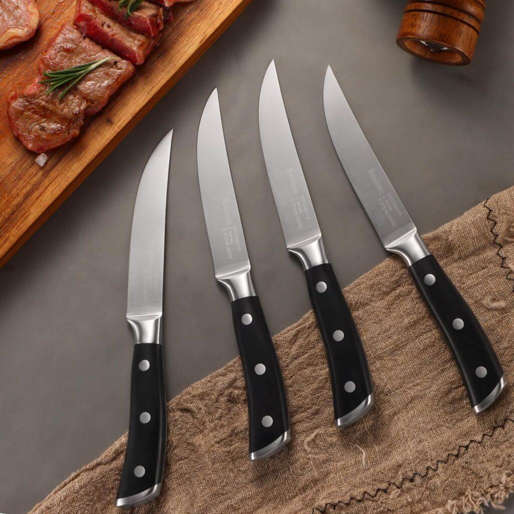 Steak Knives Set of 4, 5 Inch High-Carbon Stainless Steel Non-serrated Steak Knife, 4 Pieces Professional Straight Edge Kitchen Table Dinner Knives - Full Tang Ergonomic Handle