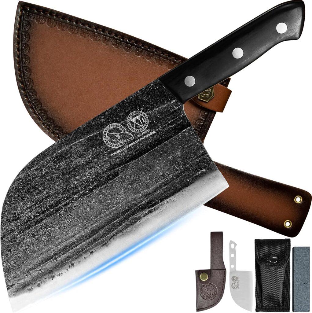 XYJ Authentic Since 1986,Outstanding Ancient Forging, 7.5 Inch Full Tang, Serbian Chefs knife,Chef Meat Cleaver,Kitchen Knives,Set with Leather Sheath,Take Carrying,Butcher XYJ Authentic Since 1986,Outstanding Ancient Forging, 7.5 Inch Full Tang, Serbian Chefs knife,Chef Meat Cleaver,Kitchen Knives,Set with Leather Sheath,Take Carrying,Butcher